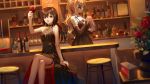  2girls :d alcohol bangs bare_arms bare_shoulders black_dress black_flower black_hair black_rose blonde_hair blurry blurry_foreground bottle brown_sleeves cocktail_shaker commentary_request crossed_legs cup depth_of_field detached_sleeves doll_joints dress drinking_glass flower hair_between_eyes hair_ribbon highres holding holding_cup ji_dao_ji long_hair long_sleeves low_twintails multiple_girls one_eye_covered open_mouth original ponytail red_eyes red_flower red_ribbon red_rose ribbon rose sitting sleeveless sleeveless_dress sleeves_past_wrists smile stool thigh_strap twintails very_long_hair wine_glass 