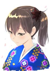  1girl alternate_costume blue_kimono brown_eyes brown_hair commentary commentary_request floral_print flower hair_flower hair_ornament highres japanese_clothes kaga_(kantai_collection) kantai_collection kimono masukuza_j petals print_kimono side_ponytail 