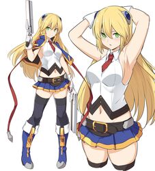  1girl armpits arms_up bare_arms belt black_legwear blazblue blazblue:_chronophantasma blonde_hair blue_footwear blue_skirt blush boots breasts capelet collared_shirt commentary_request crop_top cropped_legs dual_wielding gloves gold_trim green_eyes gun holding holding_gun holding_weapon large_breasts long_hair looking_at_viewer midriff miniskirt multiple_views navel necktie noel_vermillion pleated_skirt shirt shiseki_hirame short_necktie simple_background skirt sleeveless sleeveless_shirt smile standing thigh-highs two-tone_skirt weapon white_background white_gloves white_shirt zettai_ryouiki 