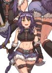  1girl aki_makoto animal_ear_fluff animal_ears arm_strap ass bangs bare_shoulders belt black_shirt blue_shorts blush breasts chain collar crop_top denim denim_shorts detached_sleeves erere fur-trimmed_shorts long_hair looking_at_viewer metal_collar midriff multiple_views navel open_mouth princess_connect! princess_connect!_re:dive purple_hair shirt short_hair shorts sidelocks simple_background smile sword tail thigh_strap thighs weapon white_background wolf_ears wolf_girl wolf_tail yellow_eyes 