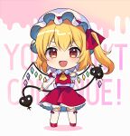  1girl :d ascot blonde_hair chibi commentary_request crystal flandre_scarlet full_body hat highres laevatein_(touhou) long_sleeves looking_at_viewer mob_cap open_mouth red_eyes red_skirt ruhika short_hair side_ponytail skirt smile solo standing touhou white_hat wings yellow_ascot 