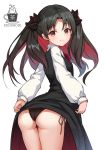  1girl aliter artist_name ass bangs black_dress black_hair black_panties blush closed_mouth collared_shirt commentary_request dress dress_lift eyebrows_visible_through_hair fate/grand_order fate_(series) hair_ornament highres ishtar_(fate/grand_order) lifted_by_self logo long_hair long_sleeves looking_at_viewer looking_back multicolored_hair neck_ribbon panties parted_bangs pinafore_dress puffy_long_sleeves puffy_sleeves red_eyes red_ribbon redhead ribbon shirt side-tie_panties simple_background sleeveless sleeveless_dress sleeves_past_wrists smile solo space_ishtar_(fate) two-tone_hair two_side_up underwear white_background white_shirt 