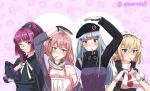  4girls beret blush carcano_m91/38_(girls_frontline) commentary_request food food_in_mouth g36_(girls_frontline) girls_frontline gloves hat heart heart_background highres hk416_(girls_frontline) korean_commentary maid maid_headdress multiple_girls o.k.corral one_eye_closed pocky pocky_day st_ar-15_(girls_frontline) twitter_username 