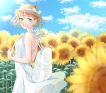  1girl :d backpack bag blue_sky blurry_foreground blush bow breasts clouds day dress flower green_eyes hat hat_bow hosizora188 looking_at_viewer medium_breasts open_mouth original outdoors sky smile solo standing sunflower white_bow white_dress 