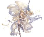  1girl ahoge armor armored_boots bangs bare_shoulders blonde_hair blue_eyes boots breasts dress flag full_body gloves granblue_fantasy hair_ornament holding holding_sword holding_weapon jeanne_d&#039;arc_(granblue_fantasy) long_hair medium_breasts minaba_hideo official_art open_mouth petals polearm single_glove sleeveless sleeveless_dress solo sword thigh-highs thigh_boots torn_clothes torn_dress transparent_background weapon white_dress 