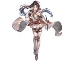  1girl bangs belt black_hair blue_eyes boots bow_(weapon) character_request dress full_body granblue_fantasy hand_up holding hood hood_down lips long_hair looking_at_viewer minaba_hideo official_art parted_lips ponytail quiver shiny shiny_hair short_dress sleeveless solo standing sword thigh-highs thigh_boots tied_hair transparent_background turtleneck weapon 