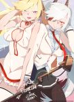  2girls :d alternate_costume bangs black_legwear black_skirt blazer blonde_hair blue_eyes blush boca bow breasts center_opening clear_(dj_max) collared_shirt dj_max dress eyepatch fail_(djmax) girls_frontline glint hair_ornament hair_over_one_eye hair_ribbon headgear headphones heart highres jacket long_hair looking_at_viewer microphone_stand multiple_girls necktie open_mouth pantyhose pink_jacket red_neckwear ribbon shirt short_dress sidelocks skirt smile star twintails very_long_hair white_dress white_shirt 