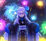  1girl bangs blue_eyes blue_ribbon blush fate/extra fate/extra_ccc fate_(series) fireworks hair_ribbon japanese_clothes kimono long_hair looking_at_viewer meltryllis purple_hair ribbon sash sleeves_past_wrists smile solo tenk very_long_hair 