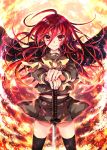  1girl alastor_(shakugan_no_shana) black_jacket black_legwear bow cowboy_shot double-breasted fire highres holding holding_sword holding_weapon jacket jacket_on_shoulders jewelry looking_at_viewer miniskirt pendant red_eyes redhead school_uniform serafuku shakugan_no_shana shana skirt smile sword tachitsu_teto thigh-highs weapon yellow_bow 