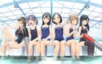  6+girls arashio_(kantai_collection) asashio_(kantai_collection) barefoot black_hair black_legwear black_swimsuit blue_eyes blue_swimsuit breasts brown_eyes brown_hair competition_school_swimsuit feet_out_of_frame fisheye gahaku grey_eyes grey_hair hair_bun hair_ornament hairclip indoors kantai_collection kuroshio_(kantai_collection) light_brown_hair long_hair looking_at_viewer michishio_(kantai_collection) multiple_girls ooshio_(kantai_collection) oyashio_(kantai_collection) school_swimsuit short_hair short_twintails small_breasts smile soaking_feet swimsuit thigh-highs torpedo twintails water yellow_eyes 