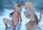  2girls animal_ears animal_print arm_support bare_legs blonde_hair brown_hair buruma cheetah_(kemono_friends) cheetah_ears cheetah_print cheetah_tail closed_eyes commentary_request elbow_gloves extra_ears eyebrows_visible_through_hair fang furrowed_eyebrows gloves hand_up hands_up highres horns jacket kemono_friends kneeling knees_up laughing leaning_back long_hair long_sleeves masuyama_ryou miniskirt multicolored_hair multiple_girls open_clothes open_jacket open_mouth print_gloves print_legwear print_skirt pronghorn_(kemono_friends) shirt shoes short_hair short_sleeves sitting skirt smile socks tail tearing_up thigh-highs two-tone_hair very_long_hair water wet wet_clothes wet_hair wet_shirt white_hair zettai_ryouiki |d 