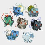  alternate_color antennae brown_eyes bulbasaur claws electricity english_text fangs full_body gen_1_pokemon grey_background looking_at_viewer newo_(shinra-p) no_humans open_mouth pokemon pokemon_(creature) red_eyes simple_background 