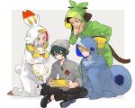  1girl 3boys black_hair blonde_hair blush byleth_(fire_emblem) byleth_eisner_(male) claude_von_riegan cosplay dimitri_alexandre_blaiddyd edelgard_von_hresvelg feyyyyyyk fire_emblem fire_emblem:_three_houses full_body gen_8_pokemon green_hair grookey hat highres hood hug long_hair multiple_boys nintendo_switch open_mouth pokemon pokemon_(creature) pokemon_(game) pokemon_swsh por scorbunny short_hair smile sobble yamper 