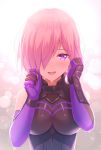  1girl :d armored_leotard bangs bare_shoulders black_leotard blurry blurry_background blush breasts commentary_request crying crying_with_eyes_open depth_of_field elbow_gloves eyebrows_visible_through_hair fate/grand_order fate_(series) gloves hair_over_one_eye highres large_breasts leotard mash_kyrielight open_mouth pink_hair purple_gloves smile solo tears tomo_(user_hes4085) upper_body upper_teeth violet_eyes 