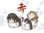  2girls black_skirt blush brown_hair food hair_bun japanese_clothes kantai_collection koruri multiple_girls naka_(kantai_collection) onigiri rice scarf school_uniform sendai_(kantai_collection) serafuku short_hair skirt translated white_scarf 