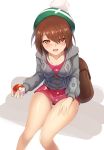  1girl bag brown_eyes brown_hair cardigan commentary_request female_protagonist_(pokemon_swsh) green_headwear grey_cardigan hair_between_eyes hat holding holding_poke_ball long_sleeves looking_at_viewer open_mouth poke_ball poke_ball_(generic) pokemon pokemon_(game) pokemon_swsh shorts simple_background sitting solo tam_o&#039;_shanter thighs white_background z.o.b 