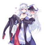  2girls apron azur_lane bangs bare_shoulders belfast_(azur_lane) black_neckwear blush boots braid breasts carrying chain coat collar dress embarrassed enterprise_(azur_lane) eyebrows_visible_through_hair french_braid frills gloves hat heart highres himiya_ramune knee_boots large_breasts long_hair looking_at_viewer maid maid_headdress multiple_girls necktie off_shoulder peaked_cap princess_carry shirt simple_background skirt sleeveless sleeveless_shirt smile sweatdrop thigh-highs thought_bubble very_long_hair violet_eyes white_background white_gloves white_hair 