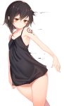  1girl bare_shoulders black_hair black_nightgown blush breasts camisole collarbone commentary eyebrows_visible_through_hair hair_between_eyes highres long_hair looking_at_viewer orange_eyes original otokuyou short_hair shoulder_tattoo simple_background small_breasts solo tattoo white_background 