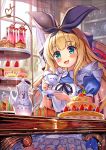  1girl akabane_(zebrasmise) apron blonde_hair blue_eyes blush bow cake character_name commentary_request cup curtains food fruit hair_bow highres holding holding_cup long_hair looking_at_viewer macaron mononobe_alice nijisanji open_mouth plate sitting solo strawberry table tea teacup virtual_youtuber window 