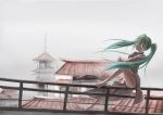  1girl absurdres aqua_eyes aqua_hair architecture barefoot east_asian_architecture fog from_side grey_sky hatsune_miku head_tilt highres knee_up long_hair looking_at_viewer no_pants outdoors railing robe rooftop scenery sitting_on_railing smile temple twintails vocaloid wide_shot yowabi_no_katou 
