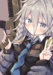  1girl absurdres bangs black_shirt blue_neckwear blush braid breasts brown_background closed_mouth collared_shirt colored_eyelashes commentary_request eyebrows_visible_through_hair girls_frontline grey_eyes grey_hair grey_jacket gun h&amp;k_xm8 hair_between_eyes hands_up highres holding holding_gun holding_weapon jacket long_hair long_sleeves looking_at_viewer necktie open_clothes open_jacket puffy_long_sleeves puffy_sleeves shirt simple_background small_breasts solo upper_body v waste_(arkaura) wavy_mouth weapon xm8_(girls_frontline) 