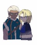  2boys blonde_hair blue_eyes blue_sen5e1 closed_mouth dark_skin dark_skinned_male dedue_molinaro dimitri_alexandre_blaiddyd fire_emblem fire_emblem:_three_houses fur_trim green_eyes multiple_boys short_hair simple_background upper_body white_background white_hair younger 