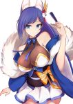  1girl animal_ear_fluff animal_ears azur_lane bare_shoulders blue_eyes blue_hair breasts commentary_request cowboy_shot detached_sleeves fan fur_collar hair_ornament hand_up highres holding holding_fan japanese_clothes jintsuu_(azur_lane) large_breasts long_hair long_sleeves looking_at_viewer marshall2033 miniskirt obi pleated_skirt retrofit_(azur_lane) sash simple_background skirt smile solo standing white_background white_skirt wide_sleeves 