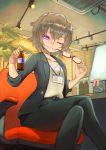  1girl absurdres artist_request brown_hair ceiling crossed_legs energy_drink eyewear_removed glasses highres indoors lanyard monitor name_tag office_lady original pants paper_stack parted_lips red-framed_eyewear short_hair sitting solo sticky_note swivel_chair violet_eyes 
