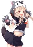  1girl black_ribbon black_serafuku black_skirt blonde_hair claws commentary_request cowboy_shot fangs gloves hair_flaps hair_ornament hair_ribbon hairclip highres kantai_collection long_hair looking_at_viewer mofu_namako neckerchief open_mouth paw_gloves paw_pose paws red_eyes red_neckwear remodel_(kantai_collection) ribbon sailor_collar school_uniform serafuku simple_background skin_fangs skirt smile solo tail white_background white_sailor_collar wolf_hood wolf_tail yuudachi_(kantai_collection) 
