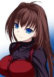  1girl akeyama_kitsune aozaki_aoko blue_eyes breasts brown_hair casual dress gradient gradient_background large_breasts long_hair mahou_tsukai_no_yoru red_dress smile solo upper_body 