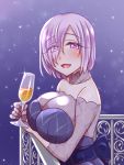  1girl black_dress breasts dress eyes_visible_through_hair fate/grand_order fate_(series) glass hair_over_one_eye large_breasts looking_at_viewer mabo-udon mash_kyrielight purple_hair short_hair smile solo violet_eyes 