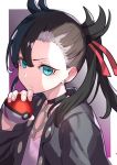  1girl adachi_yousuke black_hair black_jacket blue_eyes choker earrings holding holding_poke_ball jacket jewelry mary_(pokemon) poke_ball poke_ball_(generic) pokemon pokemon_(game) pokemon_swsh portrait twintails 