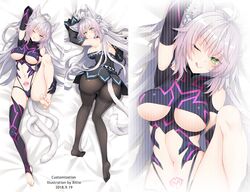  1girl ;p agrius_metamorphosis ahoge animal_ear_fluff animal_ears arm_behind_head artist_name ass atalanta_(alter)_(fate) atalanta_(fate) bangs black_legwear blush braid breasts cat_ears collar dakimakura dated elbow_gloves eyebrows_visible_through_hair fate/grand_order fate_(series) foot_up from_above gloves green_eyes hair_between_eyes highres large_breasts long_hair looking_at_viewer looking_back menggongfang multicolored_hair navel one_eye_closed open_mouth pantyhose silver_hair single_thighhigh stomach_tattoo tail tattoo thigh-highs thighband_pantyhose toeless_legwear toes tongue tongue_out very_long_hair 