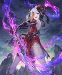  1girl :d artist_request bandages bare_shoulders black_hair detached_sleeves fighting_jiangshi gauntlets gem hat jiangshi looking_at_viewer mountain multicolored_hair naginata official_art ofuda open_mouth polearm shadowverse smile solo two-tone_hair undead upper_teeth violet_eyes weapon white_hair white_skin 