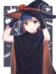  1girl absurdres arjent arms_up artist_name bangs black_cloak black_gloves blue_hair blush cloak eyebrows_visible_through_hair eyes_visible_through_hair fang gloves green_eyes hair_between_eyes halloween halloween_costume hat highres idolmaster idolmaster_million_live! jack-o&#039;-lantern looking_at_viewer medium_hair nanao_yuriko outside_border patterned_background robe skin_fang sleeveless smile solo standing upper_body witch witch_hat 