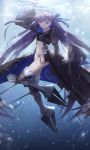  1girl absurdres armored_boots boots bubble closed_mouth commentary_request crotch_plate fate/extra fate/extra_ccc fate/grand_order fate_(series) full_body hair_ribbon high_collar highres jacket long_hair looking_at_viewer meltryllis navel purple_hair revealing_clothes ribbon sleeves_past_fingers sleeves_past_wrists smile solo stomach thkani underwater very_long_hair very_long_sleeves violet_eyes 