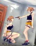  2girls absurdres arms_behind_back at_gunpoint bangs bare_legs blue_footwear bound breasts chain chained collar commentary_request cuffs dagger door eyebrows_visible_through_hair full_body girls_frontline glasses grizzly_mkv grizzly_mkv_(girls_frontline) gun hair_ornament hair_scrunchie handcuffs highres holding holding_gun holding_weapon indoors injury lock medium_breasts multiple_girls nail_polish navel one_knee padlock parted_bangs peril red-framed_eyewear reflection scrunchie short_hair short_ponytail short_shorts shorts skindentation standing tank_top thigh_strap tied_up v-shaped_eyebrows violet_eyes weapon yellow_nails yellow_shorts 
