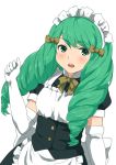  1girl bow elbow_gloves fire_emblem fire_emblem:_three_houses flayn_(fire_emblem) gloves green_eyes green_hair hair_bow kuhuku006f86 long_hair maid maid_headdress open_mouth short_sleeves simple_background solo upper_body white_background white_gloves 