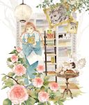  1girl animal blue_kimono book bookshelf braid bread brown_eyes brown_hair camellia cat clothed_animal commentary_request cup flower food frog goat indoors japanese_clothes kimono kyouraku_no_mori_no_alice lace-trimmed_sleeves ladder lantern long_hair long_sleeves niwa_haruki object_hug official_art open_mouth painting_(object) pink_flower pouring rabbit raisin_bread sandals saucer smile solo standing table teacup teapot twin_braids wide_sleeves 