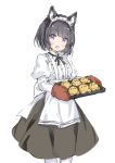  1girl :d animal_ear_fluff animal_ears apron bangs black_hair black_skirt blush breasts center_frills commentary_request eyebrows_visible_through_hair fang frills holding juliet_sleeves long_sleeves maid_headdress open_mouth original oven_mitts pantyhose pleated_skirt puffy_sleeves shirt simple_background skirt small_breasts smile solo violet_eyes waist_apron wataame27 white_apron white_background white_legwear white_shirt 