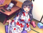  1girl :d animal_print artist_request black_hair breasts cushion fish_print flower hair_flower hair_ornament indoors japanese_clothes kimono large_breasts long_hair looking_at_viewer mimikaki official_art open_mouth original red_eyes sitting smile solo table tatami teapot tray 