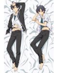  1boy ahoge barefoot belt belt_buckle black_eyes black_hair blazer blush buckle collared_shirt commentary_request dakimakura eyebrows_visible_through_hair hair_between_eyes hikigaya_hachiman jacket long_sleeves looking_at_viewer lying male_focus midriff_peek multiple_views navel on_back open_clothes open_jacket open_shirt pants school_uniform shirt sweatdrop t-shirt tanaka_yuuichi undershirt white_shirt yahari_ore_no_seishun_lovecome_wa_machigatteiru. 