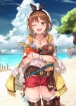  absurdres atelier_(series) atelier_ryza beach belt blue_belt brown_belt brown_eyes brown_hair clouds cloudy_sky food gloves highres holding holding_food jewelry leather leather_belt leather_gloves maki_(maki_pei) necklace ocean open_mouth red_shorts reisalin_stout round-bottom_flask short_shorts shorts sky sleeveless sleeveless_jacket star star_necklace thick_thighs thighs tree vial white_headwear 