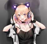  1girl animal_ears bangs black_camisole black_choker blonde_hair breasts camisole cat_ear_headphones cat_ears choker commentary_request eyebrows_visible_through_hair fake_animal_ears fingernails gradient_hair hair_between_eyes hands_on_headphones hands_up headphones highres hood hood_up hooded_jacket jacket medium_breasts multicolored_hair nail_polish open_clothes open_jacket original piripun purple_hair purple_nails solo upper_body violet_eyes white_jacket wristband 
