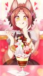  +_+ 1girl 2019 :q animal_ear_fluff animal_ears blush borrowed_character brown_hair cherry choker commentary english_commentary flower food fox_ears fox_tail fruit hair_flower hair_ornament hand_on_own_cheek heart highres holding holding_spoon ice_cream kiwifruit merunyaa original parfait patreon_username pixiv_username puffy_short_sleeves puffy_sleeves short_hair short_sleeves signature smile solo sparkle spoon sprinkles strawberry tail tongue tongue_out waffle whipped_cream whisker_markings yellow_eyes 