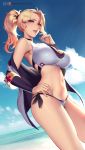  1girl absurdres bangs beach black_choker blonde_hair blue_eyes blue_sky blush breasts choker cian_yo day glasses hand_on_hip highres large_breasts long_hair looking_at_viewer mercy_(overwatch) midriff navel ocean off_shoulder overwatch paid_reward patreon_username ponytail red_cross short_shorts shorts sidelocks sky solo stomach swimsuit swiss_flag tankini 