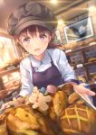  1girl :d absurdres apron bakery blurry blurry_background blush bread brown_hair brown_headwear ceiling food gingerbread_man hat highres holding holding_tray indoors lights looking_at_viewer macaron open_mouth original painting_(object) ponytail shop smile solo tray uniform unwitherer window 