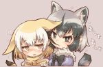  2girls animal_ears black_hair black_neckwear blonde_hair blue_eyes blue_sweater blush bow bowtie commentary_request common_raccoon_(kemono_friends) ears_down extra_ears eyebrows_visible_through_hair fang fennec_(kemono_friends) fox_ears fox_girl fox_tail fur_collar grey_hair hair_in_mouth highres kemono_friends kolshica multicolored_hair multiple_girls nibbling nose_blush pink_sweater puffy_short_sleeves puffy_sleeves raccoon_ears raccoon_girl raccoon_tail short_hair short_sleeves sweater tail translated white_hair yellow_eyes yellow_neckwear 