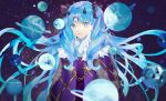  absurdres asymmetrical_pupils bangs black_ribbon blue_theme blurry chain crescent crystal depth_of_field facial_mark fate/grand_order fate_(series) floating_hair forehead_mark fur_trim hair_ribbon highres horns huge_filesize ishtar_(fate/grand_order) light_blue_hair long_hair looking_at_viewer parai0 parted_bangs planet ribbon ringed_eyes space_ishtar_(fate) star star-shaped_pupils symbol-shaped_pupils two_side_up upper_body very_long_hair 