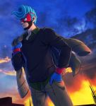 1boy arms_(game) black_shirt blue_gloves blue_hair blue_sky clouds cowboy_shot domino_mask gloves highres hizuki_(hiduki6121) jacket jacket_removed long_sleeves male_focus mask outdoors over_shoulder pompadour shirt sky solo spring_man_(arms) standing wristband 